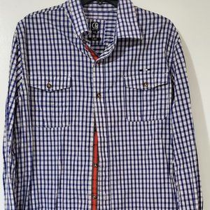 Cavi Unisex dress shirt with two front pockets, blue and white stripe,good cond.